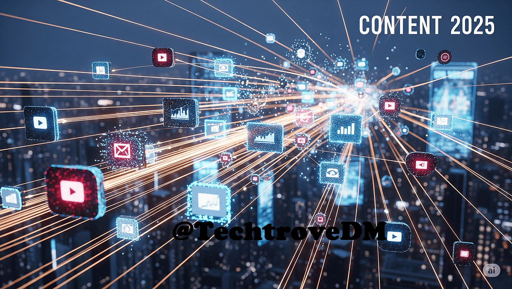 A dynamic infographic illustrating viral content strategy for 2025, showing elements like social media icons, a chart with upward trend, a magnifying glass finding keywords, and people sharing content, symbolizing SEO and online growth.