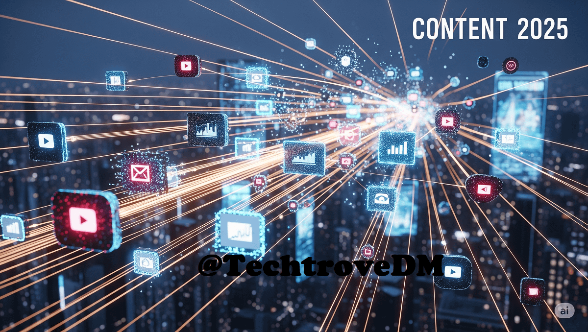 A dynamic infographic illustrating viral content strategy for 2025, showing elements like social media icons, a chart with upward trend, a magnifying glass finding keywords, and people sharing content, symbolizing SEO and online growth.