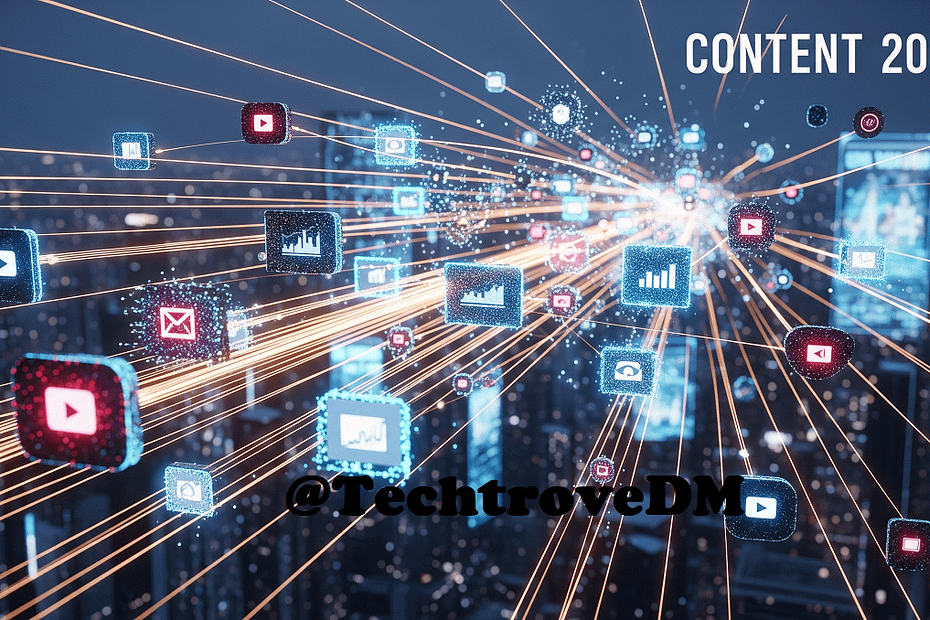 A dynamic infographic illustrating viral content strategy for 2025, showing elements like social media icons, a chart with upward trend, a magnifying glass finding keywords, and people sharing content, symbolizing SEO and online growth.